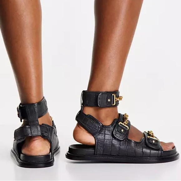 ASOS Women’s Black Croc Gladiator Gold Chain Faux Leather Sandals New Size 7 - Picture 3 of 3